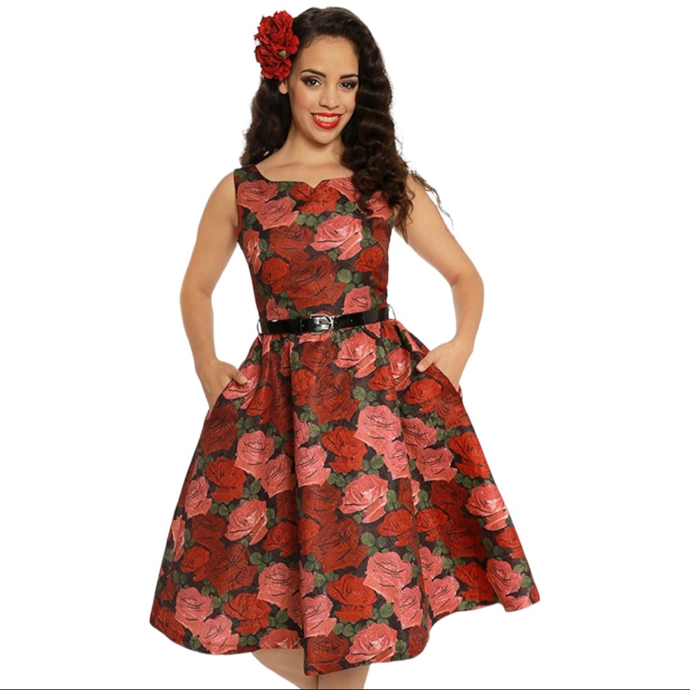 Lindy Bop 'Nova' Red Raindrop Roses Midi Swing Dress XXL 2X 3X